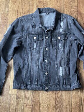 Men's Denim Grey/Black wash distressed denim jacket size M